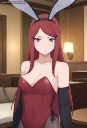 ai_generated animal_ears bangs bare_shoulders bed black_gloves black_pantyhose boruto:_naruto_next_generations boruto:_two_blue_vortex breasts cleavage collarbone covered_navel dandanhub elbow_gloves fake_animal_ears female gloves grey_eyes hair_ornament hairclip indoors kushina_uzumaki lamp leotard long_hair looking_at_viewer medium_breasts naruto_(series) naruto_shippuden pantyhose parted_lips playboy_bunny rabbit_ears red_hair red_leotard solo strapless strapless_leotard uzumaki_kushina