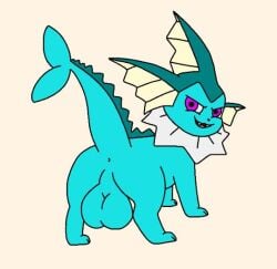 all_fours anus backsack balls big_balls blue_body eeveelution feral fish generation_1_pokemon genitals huge_balls looking_at_viewer looking_back male marine nintendo pokemon pokemon_(species) purple_eyes raised_tail rear_view small_anus smile solo tail teeth tongue vaporeon zamzamcan