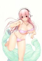 absurdres barefoot bikini breasts curvy female female_focus headphones highres huge_breasts jacket jewelry jiggling_breasts long_hair nitroplus open_mouth pink_bikini pink_eyes pink_hair red_eyes scared simple_background solo super_sonico swimsuit tsuji_santa unworn_jacket wide_hips