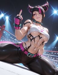 abs ai_generated asymmetrical_bangs bangs belt benj17 biceps black_hair black_pants bracelet breasts capcom clothed crowd fighting_ring fingerless_gloves flexible gesture gloves hair_horns juri_han large_breasts latex latex_pants lipstick looking_to_the_side makeup middle_finger midriff muscular muscular_female muscular_thighs nail_polish navel padded_gloves pants pink_belt pink_eyes pink_hair pink_lipstick pink_nails shiny_skin sidelocks smile spiked_bracelet splits spotlights streaked_hair street_fighter street_fighter_6 tattoo thick_thighs tight_clothes two_tone_hair underboob
