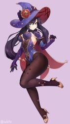 black_gloves black_hair black_pantyhose blue_eyes blue_pantyhose breasts detached_sleeves female fur_trim genshin_impact gloves hat high_heels highres iwbitu jewelry long_hair medium_breasts mona_(genshin_impact) pantyhose print_pantyhose solo thighlet twintails witch_hat