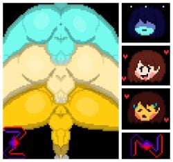 3boys anal anal_sex ass_focus ass_tower blush chara chara_(undertale) cum deltarune frisk frisk_(undertale) gay hearts_around_head kris_(deltarune) male male_only pixel_art self_upload sweatdrop undertale undertale_(series) yaoi zixy