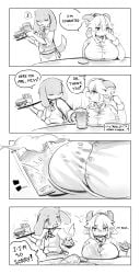 4koma absurd_res alcohol anthro beer beverage bovid breast_rest breasts canid canine canis caprine cinnabar_(crunchobar) clothed clothing comic crunchobar dialogue digital_media_(artwork) domestic_dog english_text female four_frame_image goat hi_res male mammal monochrome restaurant simple_background sketch speech_bubble text wet wet_clothing