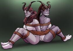 2girls alfira baldur's_gate_3 bondage bound bound_arms bound_legs bound_together cloth_gag female females_only gag gagged horns lakrissa night-glare purple-skinned_female purple_skin tiefling underwear white_bra white_panties