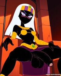 1futa ai_generated balls big_balls big_penis birchjuice black_skin bra duck_dodgers egyptian flaccid foreskin futa_only futanari huge_balls huge_cock huge_cock intersex looking_at_viewer patreon penis queen_tyr'ahnee see-through sitting solo spread_legs testicles thick_thighs uncircumcised