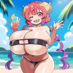 ai_generated ameanon beach big_breasts bikini breasts breasts_bigger_than_head center_opening cleavage eyepatch_bikini female gigantic_breasts huge_breasts ilulu_(dragon_maid) ilulu_(maidragon) large_breasts miss_kobayashi's_dragon_maid shortstack sideboob thick_thighs underboob