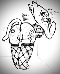 abbeyrolls absurd_res against_surface against_wall anthro anus ass balls bent_over big_butt blush bodily_fluids butt_focus clothing drooling ear_piercing felid femboy fishnet_clothing fishnet_legwear genitals graphite_(artwork) hi_res legwear male male/male mammal penis piercing saliva solo sweat tail tattoo token_(femtanyl) tongue traditional_media_(artwork)