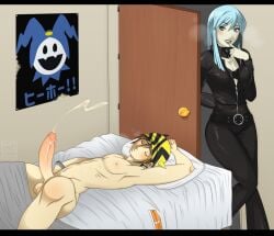 1boy 1girls areolae artist_signature atlus balls ballsack beanie beanie_hat bedroom big_penis blue_eyes blue_hair blush breasts brown_hair cfnm choker clothed_female_nude_male cock commission commissioner_upload cum cumming cumming_while_asleep cumshot cumstring demon_girl devil_summoner dick door door_open english english_text erect_penis erection female fully_clothed fully_clothed_female fully_nude fully_nude_male goth goth_girl hand_over_head hat_only heavy_breathing imminent_sex indoors jack_frost jack_frost_(megami_tensei) japanese_text leather leather_clothing lying lying_on_back male male_focus megami_tensei naked naked_male nemissa_(megami_tensei) nipples nude nude_male on_back on_bed only_one_naked orange_underwear pale-skinned_female pale-skinned_male pale_skin penis_awe poster projectile_cum put2littlemore sheets sleeping sleeping_naked sleeping_nude soul_hackers testicles underwear_aside voyeurism watch watching wet_dream yuichi_haga