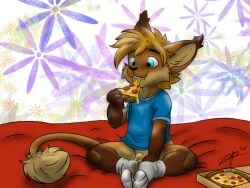 animal_genitalia anthro balls barely_visible_balls barely_visible_genitalia bed big_ears blue_clothing blue_eyes blue_shirt blue_topwear bottomless canid canine cheese_string clothed clothing container cute_fangs dirty dirty_clothing dirty_socks ear_tuft eating eating_food fangs food footwear fully_sheathed furniture genitals hand_between_legs holding_food holding_object holding_pizza hybrid leg_markings male mammal markings on_bed pizza pizza_box pizza_slice sheath shirt sitting sitting_on_bed socks socks_(marking) solo tail tail_tuft teeth topwear tuft zephyrpanthur
