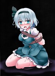 aqua_eyes arms_behind_back bondage bound bound_arms breasts female headband konbaku_-kon_baku- lilish open_mouth rope short_hair silver_hair socks solo sweat touhou youmu_konpaku