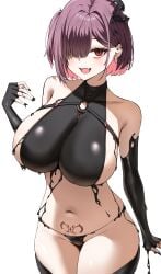 1girls above_cleavage_cutout absurdres belt black_gloves black_horns black_liquid black_panties blush breasts chest_belt colored_inner_hair elbow_gloves female female female_only fingerless_gloves gloves goddess_of_victory:_nikke hair_over_one_eye highres horns inner_thighs large_breasts liquid_clothes looking_at_viewer medium_hair multicolored_hair murding navel o-ring o-ring_belt o-ring_top open_mouth panties pink_hair pubic_tattoo purple_hair red_eyes sideboob simple_background single_horn skindentation slit_pupils solo stomach tattoo thighs underwear wet_suit white_background ziz_(nikke)