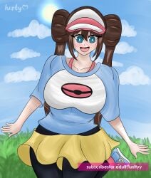 blue_eyes blue_shirt breasts brown_hair cloud grass grass_field happy hat large_breasts long_hair lusty_(artist) pink_hat poke_ball_print pokemon pokemon_bw2 rosa_(pokemon) shirt shoes skirt sky smile solo sun visor_cap white_hat white_shirt yellow_skirt