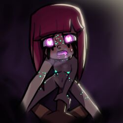 beryl_(thousandarms) big_penis breasts drooling female glowing glowing_eyes glowing_nipples heart-shaped_pupils heavy_breathing holding_penis male penis pink pink_eyes red_hair thousandarms yellow_body