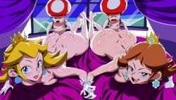 2boys 2girls blonde_hair blue_eyes brown_hair mario_(series) on_bed on_stomach princess_daisy princess_peach prone_bone toad_(mario) yev-san