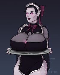 apron big_breasts big_lips black_hair boobs_on_tray bottomless breasts_on_tray clothed curvy_figure earrings eyeofcorruption fantasy female_focus female_only glowing_eyes hair_bun hourglass_figure huge_breasts large_breasts long_nails looking_at_viewer maid_apron maid_headdress maid_uniform makeup night_elf nipple_bulge nipples_visible_through_clothing offering_breasts original_character pale_skin pink_eyes pointy_ears pointy_nails purple_skin serving_tray sharp_nails sheer_clothing smirk thick tits_on_a_platter topless warcraft wide_hips world_of_warcraft