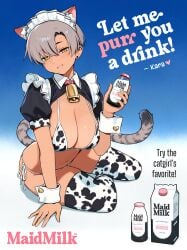 1girls absurd_res ad alternate_costume animal_ear_fluff animal_ears animal_print arm_support bell bikini black_shrug blue_background bottle breasts cat_ears cat_tail catgirl character_name cleavage collar collared_shrug cow_print cow_print_bikini cow_print_thighhighs cowbell ear_piercing english_text enmaided eyebrows_hidden_by_hair gradient_background grey_hair grey_tail grin hair_over_one_eye half-closed_eyes head_tilt highres holding_bottle holding_object kara_(vertigris) large_breasts leaning_forward looking_at_viewer maid maid_headdress milk milk_bottle milk_carton navel neck_bell parted_bangs piercing pink_collar print_bikini print_thighhighs puffy_short_sleeves puffy_sleeves seductive_smile short_hair short_sleeves shrug_(clothing) side-tie_bikini_bottom sitting skindentation slit_pupils smile solo string_bikini swimsuit tail thighhighs unconventional_maid vertigris white_background white_collar wrist_cuffs yellow_eyes yokozuwari