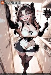 ai_generated alley alternate_costume apron asmutcriminal bangs black_bow black_footwear black_gloves black_hair black_legwear blue_eyes blush bow breasts cleavage drooling elbow_gloves enmaided female frills gloves heart heart-shaped_pupils indoors kitchen large_breasts long_hair looking_at_viewer maid maid_apron maid_headdress open_mouth ribbon smile solo symbol-shaped_pupils tagme thighhighs tiles tohsaka_rin tongue tongue_out two_side_up waist_apron white_apron window