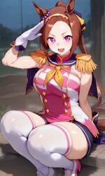 ai_generated animal_ears brown_hair costume female gloves hair_accessory hairband horse_girl looking_at_viewer ponytail purple_eyes sakura_bakushin_o_(umamusume) thighs umamusume umamusume_pretty_derby zettai_ryouiki