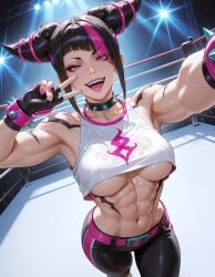 abs ai_generated armpits asymmetrical_bangs bangs belt benj17 biceps black_hair black_pants bracelet breasts capcom clothed collar fighting_ring fingerless_gloves gesture gloves hair_horns halterneck high-angle_view juri_han large_breasts latex latex_pants lipstick looking_at_viewer makeup midriff muscular muscular_female nail_polish navel open_mouth open_smile pink_belt pink_eyes pink_hair pink_lipstick pink_nails selfie sidelocks smile spiked_bracelet spiked_collar spotlights standing streaked_hair street_fighter street_fighter_6 tattoo two_tone_hair underboob v
