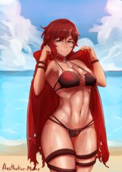 1girls abs absurdres aestheticc-meme beach bikini breasts cape choker cleavage clouds cross female female_only highres looking_at_viewer navel red_hair ruby_rose rwby silver_eyes sky smile solo tan
