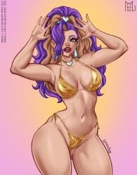 1girls 2d arms_up bare_shoulders bikini bikini_bottom bikini_top blue_nails curvaceous curvy curvy_figure earrings epic_games female female female_only fortnite fortnite:_battle_royale golden_bikini hair_ornament hair_over_one_eye light-skinned_female light_skin lipstick long_hair looking_at_viewer makeup nail_polish necklace one_eye_covered one_eye_obstructed open_mouth painted_nails purple_eyes red_lipstick solo solo_female standing tagme thighs tyrana venus_hart
