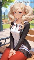 1futa 2026 ai_assisted ai_generated anime ann_takamaki artist_name bench dick explicit female female_only futanari hair_ornament hairclip hi_res high_quality high_resolution highres hood pantyhose patreon patreon_username persona persona_5 skirt stable_diffusion takamaki_anne tsukoneko twintails uncensored watermark