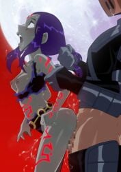 1boy bare_shoulders body_markings breasts censored colored_skin dc dc_comics deathstroke female full_moon grabbing_another's_arm grabbing_another's_hair grey_skin highres huge_moon jcm2 long_hair male medium_breasts moon mosaic_censoring nipples open_mouth penis purple_eyes purple_hair pussy_juice rape raven_(dc) sex sex_from_behind solo_focus teen_titans torn_clothes