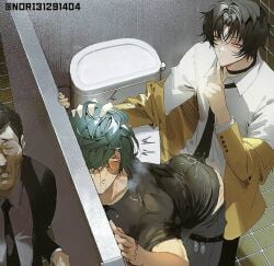 3boys against_wall asaba_harumasa bathroom bathroom_sex bathroom_stall cum duo_focus face_against_wall gay gay_sex glasses hand_on_head lighter_(zenless_zone_zero) male male_only mostly_clothed nori31291404 open_mouth shushing small_dom_big_sub stall tagme unknown_male yaoi zenless_zone_zero