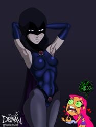 2girls adoration armpits blushing cloak compliment different_poses female_focus female_only fit fit_female gloves hearts_around_head looking_at_partner looking_at_viewer muscular_female raven_(dcamu) seductive_pose sleeveless spanish_dialogue spanish_text starfire_(teen_titans_go!) tagme text text_bubble tight_clothing tight_fit woolfdani1