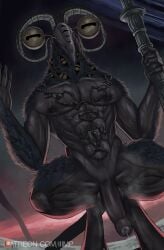 1boy abs anthro big_penis elden_ring elden_ring_nightreign foreskin fromsoftware furry furry_male goat goat_demon goat_horns goat_humanoid goatee hairy hairy_male iiimp jewelry libra_(elden_ring_nightreign) low-angle_view male muscular muscular_anthro muscular_male nipples ornament penis precum solo solo_anthro solo_focus solo_male squatting squatting_position staff uncircumcised