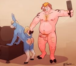 absurd_res anchor_tattoo anthro arm_hair arm_tattoo asinus ass balls belly big_penis blonde_hair blue_body blue_fur body_hair butt_slap chest_hair domestic_pig donkey duo equid equine erection foreskin fur furniture genitals hair hairy hairy_balls hairy_legs hi_res holding_object holding_paddle holding_tail hooves humanoid_genitalia humanoid_penis male male/male mammal navel nipples nude orange_hair overweight penis pink_body pubes punishment raised_arm simple_background size_difference slap slightly_chubby slim smile sofa spank_marks spanked_butt spanking spanking_focus spanking_paddle standing suid suine sus_(pig) tail tattoo tracho uncircumcised wild_boar