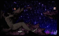 1girls artistic_nude black_hair cape cape_only fallen_angel_(painting) female female_focus female_only hoodrats inspired_by_formal_art night night_sky red_eyes sarah_the_alien_(hoodrats) shoes shoes_only shutupjojo solo solo_female solo_focus space stars tagme