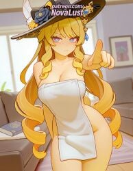 1futa 2025 ai_generated artist_name blurry blurry_background blush breasts bust chest curly_hair drill_hair futanari genshin_impact hi_res high_quality high_resolution highres long_hair looking_at_viewer navia_(genshin_impact) novalust nude_cover outstretched_arm patreon patreon_username pointing pointing_at_viewer ringlets solo stable_diffusion towel twin_drills very_long_hair watermark