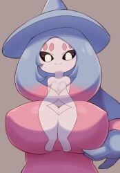 1girls female female_only hatterene huge_breasts looking_at_own_breasts pokemon short_female smile smiling