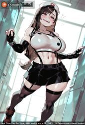 abs ai_generated asmutcriminal bangs black_hair black_skirt blush breasts cosplay crop_top earrings elbow_gloves elbow_pads female fingerless_gloves gloves hat jewelry large_breasts long_hair looking_at_viewer low-tied_long_hair muscular navel open_mouth red_eyes skirt smile suspender_skirt suspenders sweat tagme tank_top taut_clothes taut_shirt thighhighs thighs tifa_lockhart very_long_hair window