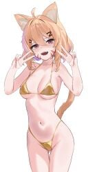 :d ahoge animal_ears ass_visible_through_thighs bangs bare_arms bikini blush breasts cat_ears cat_tail cowboy_shot double_v eyebrows_visible_through_hair eyepatch_bikini female hair_between_eyes hair_ornament hairclip hands_up heart-shaped_pupils looking_at_viewer medium_breasts navel oerba_yun_fang open_mouth red_eyes simple_background smile solo squchan_(vtuber) stomach string_bikini striped swimsuit symbol-shaped_pupils tail thigh_gap v vyugen w white_background yellow_bikini