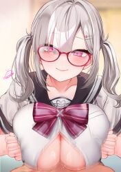 1boy blush bow bowtie breasts brown_sailor_collar closed_mouth collarbone commentary_request female festa11307070 glasses grey_hair grey_serafuku huge_breasts long_hair looking_at_viewer nijisanji paizuri pink-framed_eyewear pink_bow pink_bowtie pink_eyes sailor_collar school_uniform serafuku short_sleeves smile solo_focus sukoya_kana sukoya_kana_(3rd_costume) twintails virtual_youtuber