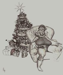 1girls 2024 breasts buttons christmas christmas_clothing christmas_hat christmas_headwear christmas_outfit christmas_present christmas_tree extinctyellow eyelashes female female_only huge_breasts human kneehigh_socks kneehighs mature_female monochrome open_legs open_shorts pussy_out ribbon short_hair shorts sitting solo solo_female star thick_thighs unfinished watermark