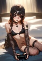 1girls ai_generated black_bra black_eyeshadow black_fishnet_gloves black_fishnet_pantyhose black_fishnet_things black_nails breasts brown_eyes brown_hair brunette_female brunette_hair choker cute_face dim_light female freckles full_body gamer gamer_girl goth gothic_makeup heart_pendant kira_(xcrystallex) long_hair looking_at_viewer medium_breasts medium_tits navel night no_panties original original_character oversize_t-shirt playing playing_in_game playing_videogame ps4 ps4_controller ps4_gamepad pubic_tattoo rose_tattoo sitting_on_bed slut_tattoo_on_pubis t-shirt tattoo teenager xcrystallex
