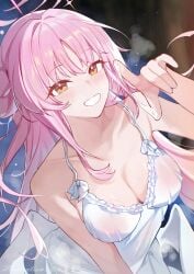 absurdres artist_name blue_archive breasts camisole cleavage commentary_request cum cum_on_body cum_on_hands female hair_bun halo highres large_breasts long_hair looking_at_viewer low_wings mika_(blue_archive) no_bra pink_hair pink_halo pointing pointing_at_viewer single_side_bun sleepwear smile solo very_long_hair white_camisole white_wings wings yellow_eyes yume-dream