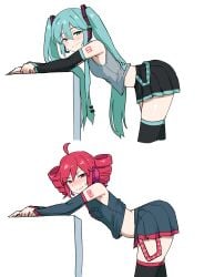 2d 2d_(artwork) 2girls ahoge arched_back ass belly bending_over bent_over big_ass blue_eyes blue_hair blush blush chubby chubby_female curvy curvy_female curvy_figure detached_sleeves female female_only hair_ornament hatsune_miku kasane_teto looking_at_viewer petite petite_body petite_female red_eyes red_hair slim_waist tattoo tattoo_on_arm tentenchan2525 thick_thighs thighhighs thighs twin_drills twintails utau vocaloid white_background