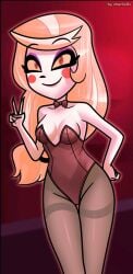 1girls 2025 2d artist_name artist_signature black_hairband blonde_hair bowtie bunny_girl bunnysuit charlie_morningstar_(hazbin_hotel) charliexe deviantart_link eyebrows eyebrows_visible_through_hair fanart female female_only hairband hazbin_hotel hellaverse large_breasts leotard light-skinned_female long_hair makeup necktie no_ai pale-skinned_female pantyhose red_background smile solo strapless tie v_sign vivienne_medrano white-skinned_female white_body yellow_eyes