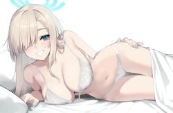 1girls asuna_(blue_archive) blonde_hair blue_archive blue_halo blush bra breasts commentary fingernails front-hook_bra hair_over_one_eye halo highres large_breasts lingerie long_hair looking_at_viewer lying nail_polish navel on_side one_eye_covered open_bra panties smile solo stomach underwear underwear_only undone_bra wakamepiza white_bra white_panties