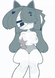 1girls 4_eyes :< animated big_thighs blinking breasts cat_ears dog_ears eyepatch grabbing gray_hair hair_ornament hair_over_one_eye hand_on_breast hss_dada long_hair nervous nipples shy skirt_only squeezing temmie temmie_(undertale) thick_thighs thighs white_body