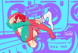 anthro appliance ass azafox balls clothing femboy foreskin genitals hi_res humanoid lagomorph laundry laundry_basket laundry_machine legwear leporid male mammal penis rabbit solo solo_focus stockings teasing undressing
