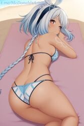 1female 1girl 1girls 1girls_ass ai_generated ass back bare_arms bare_shoulders beach beach_towel bikini black_hairband blue_bikini blue_hair braid braided_ponytail breasts butt_crack closed_mouth commentary_request dark-skinned_female dark_skin day female female_ass female_focus female_only from_behind genshin_impact hairband halterneck long_hair looking_at_viewer looking_back lying medium_breasts mualani_(genshin_impact) ocean on_stomach outdoors red_eyes sand single_braid skindentation solo solo_female straight string_bikini swimsuit tattoo thighs towel very_long_hair water white_bikini white_hair zelanell
