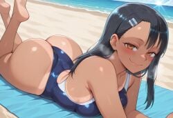 ai_generated ass beach blush breasts female hayase_nagatoro heavy_breathing looking_at_viewer lying_on_stomach lying_on_towel one_piece_swimsuit please_don't_bully_me,_nagatoro solo solo_female tan_lines zxcfiend