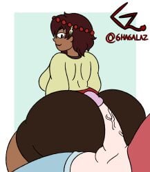 1female 1male ajna_(indivisible) ass big_ass big_penis brown_hair buttjob buttjob_over_clothes bwc dark_skin ghagalaz huge_ass huge_penis imminent_sex indivisible interracial penis_between_ass spats tomboy wide_hips