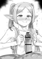 1boy absurdres bar_censor censored earrings elf female frieren highres jewelry kaiman_garupan long_hair male monochrome naizuri nipples paizuri penis pointy_ears small_breasts smug sousou_no_frieren squeezing sweat twintails white_background