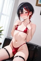 1boy ai_generated black_hair blush bulge cute embarrassed femboy fishnet_legwear fishnets mark(hornykuwata) multicolored_hair oc original_character petite petite_body trap
